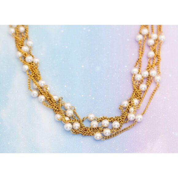 Vintage Golden Multichained Pearlspheres Necklace | Gold Tone Necklace | 21 inch - Picture 3 of 4